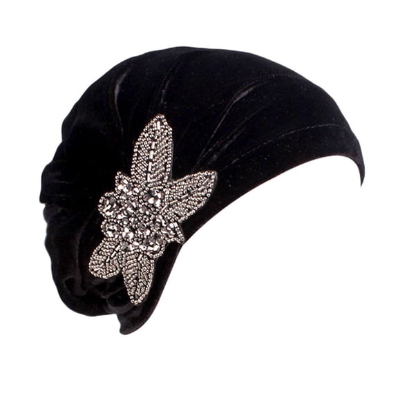 CXHEGBEJ Women's Stretch Velvet Turban Hat Cancer Chemo Beanie Beaded Flower Hair Wrap Cap Headwear Hair Accessories