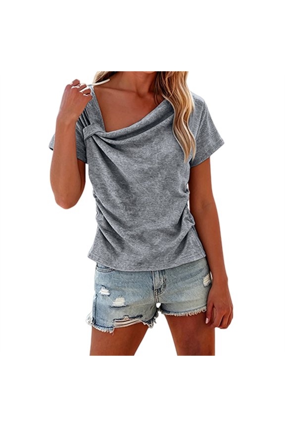 Womens Solid Color Asymmetrical Knot Neck Short Sleeve T-Shirt, Stylish Waist Pleated Slim Fit Blouse, Layering Going Out Tops for Spring Summer Fall Casual Everyday Outfits Grey