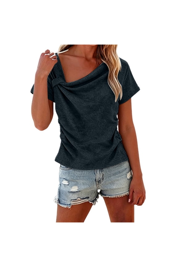 Womens Solid Color Asymmetrical Knot Neck Short Sleeve T-Shirt, Stylish Waist Pleated Slim Fit Blouse, Layering Going Out Tops for Spring Summer Fall Casual Everyday Outfits Black