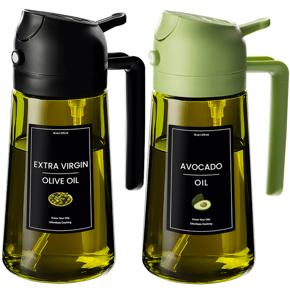 CXINYI 16 oz Glass Olive Oil Dispenser for Kitchen, 2 in 1 Oil Sprayer Bottle for Cooking, Salad, BBQ and Frying, Black and Green