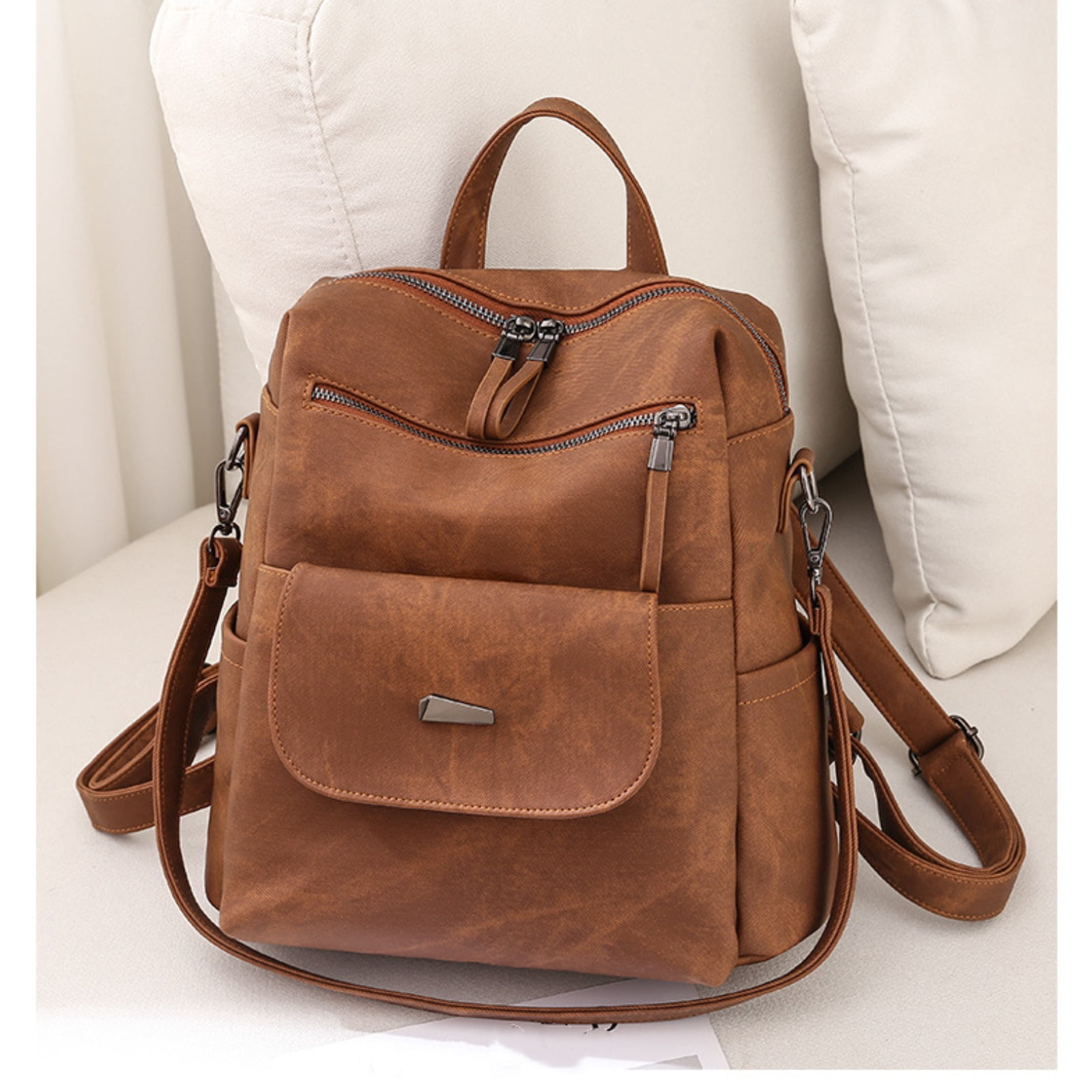 brown faux leather backpack top flap Vintage Travel Backpack, reach items American Hide & Leather Backpack