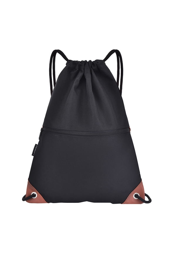 Unisex Drawstring Backpack, Oxford Cloth Cinch Sack Bag with Front Zipper Pocket Water Resistant Lightweight Daypack, Black