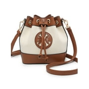 CXL by Christian Lacroix Women's Paulina Drawstring Bucket Crossbody with PU Trim, Black/Cognac