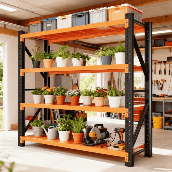 Welfiya 4-Tier Garage Storage Shelves,79"H Heavy Duty Garage Shelving Unit,Adjustable Industrial Metal Shelf System,4500lbs Capacity,Tool Organizer for Garage,Workshop,60"W x 20"D x 79"H,Black&Orange