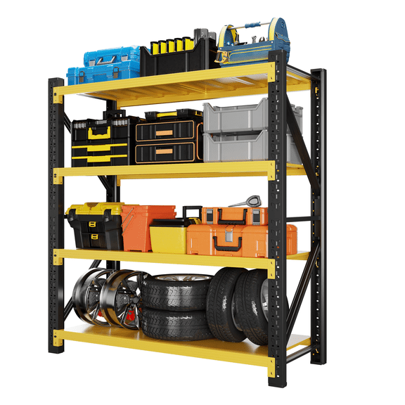 59" W Garage Shelving 3000LBS Garage Storage Shelves 4-Tier Metal Adjustable Shelf Unit Storage Rack for Basement Supermarket Warehouse 59" W x 24" D x 78" H Yellow