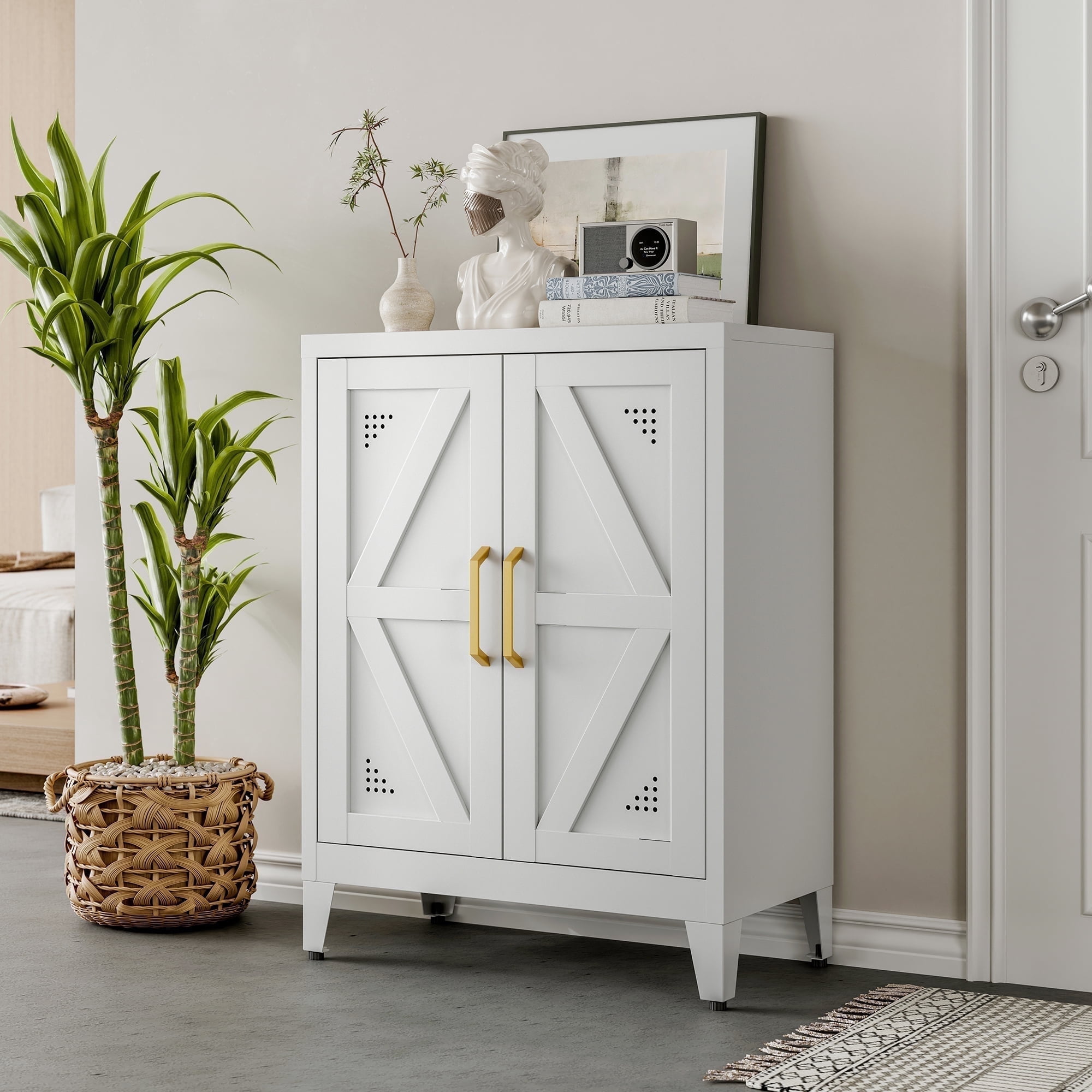CXUZCZ Metal Buffet Cabinet, Bathroom Floor Storage Cabinet with 2 Adjustable Shelves, Freestanding Storage Sideboard for Entryway,Office, Restaurant, Living Room,11.8 x 23.6 x 31.5 Inches,White