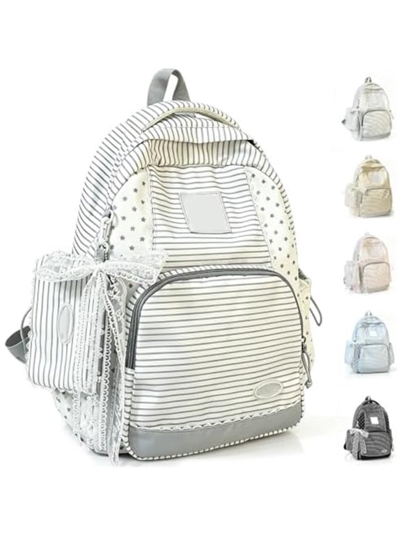 Y2k Star Backpack Preppy Whimsical Cute Stripe Lace Bookbag,White