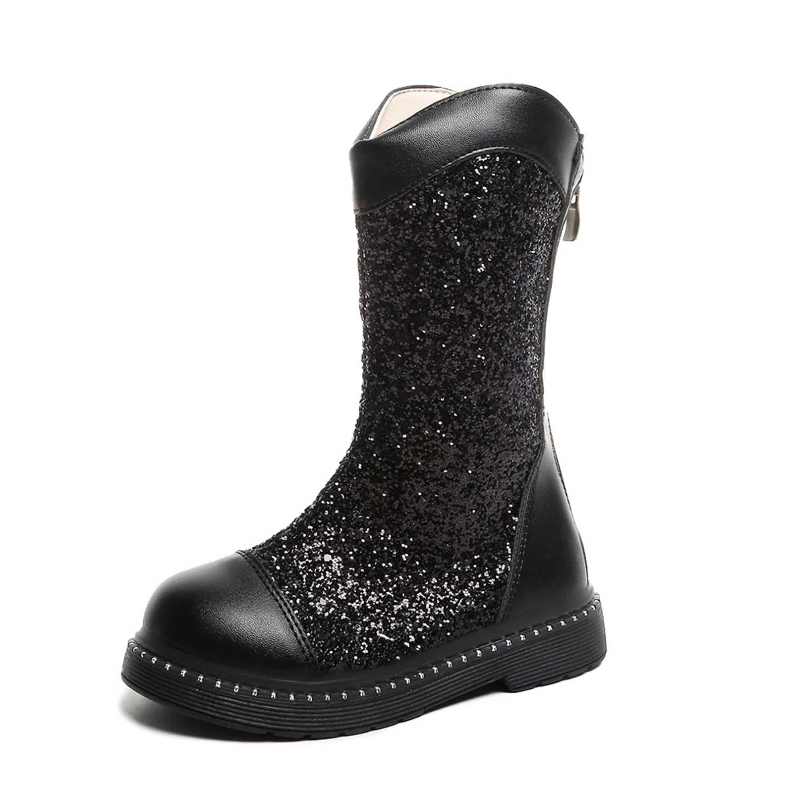 CXYYY Black Sparkly Leather Boots for Girls Winter Trendy Bow Mid