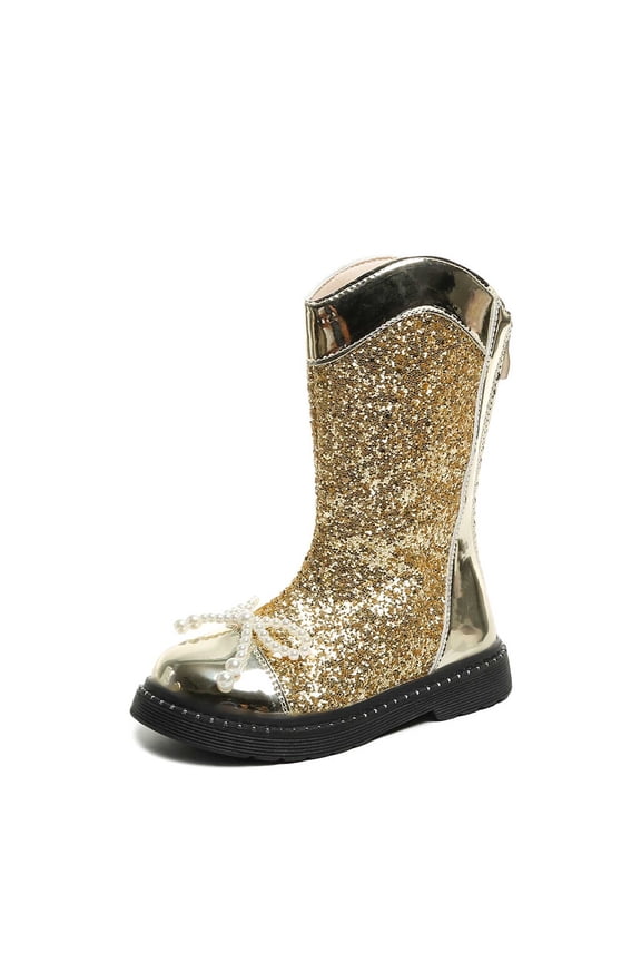 Gold Sparkly Leather Boots for Girls Winter Trendy Bow Mid Calf Riding Boots Back Zipper Boot for Kids PU Ankle Booties 7-8 Years