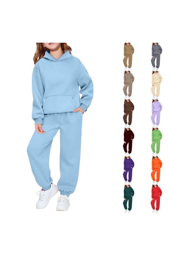 Hoodies Sweatsuit Set for Boys Girls 2 Piece Solid Hooded Sweatsuit Jogger Sweatpants Tracksuit Kids Athletic Fall Winter Clothes Sky Blue Size: 7-8 Years
