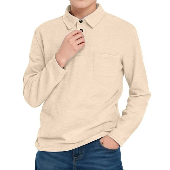CXYYY Polo Shirts for Kids Boys Long Sleeve T-Shirts Solid Color Collared Neck Tees Teens School Uniform Tops Beige 13-14 Years