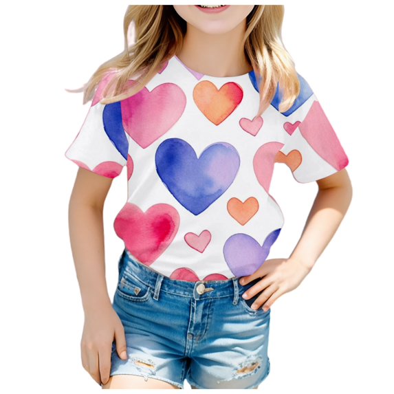 CXYYY Shirts for Girls,Girls Shirts,Children'S Valentine'S Day Fashion Printed Short Sleeved Top (Blue-c 12-13 Years)