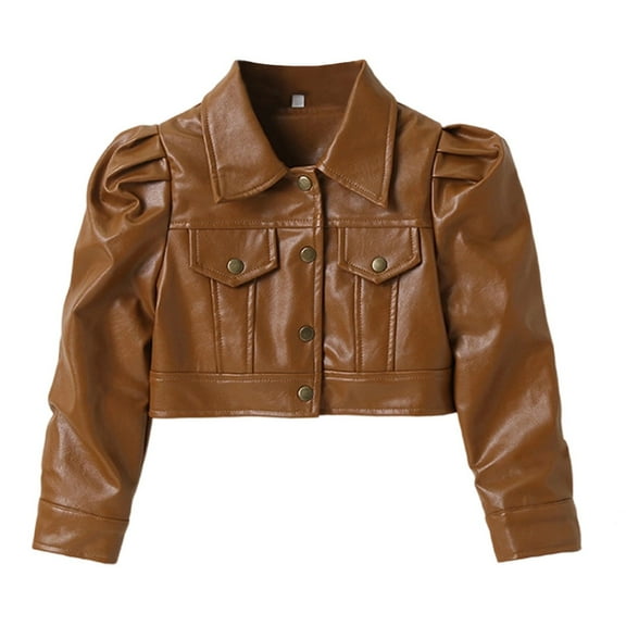 CXYYY Toddler Girls Motorcycle Jackets Leather Coat Turn-Down Collar Long Sleeve Crop Tops Outerwear Fall Coats (Brown 4-5 Years)