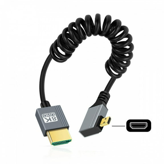 CY 90 Degree Left Angled Micro HDMI 2.1 Male Type-D to HDMI Male 8K 60hz Stretch Coiled Cable 100cm for HDTV Camera Laptop Monitor