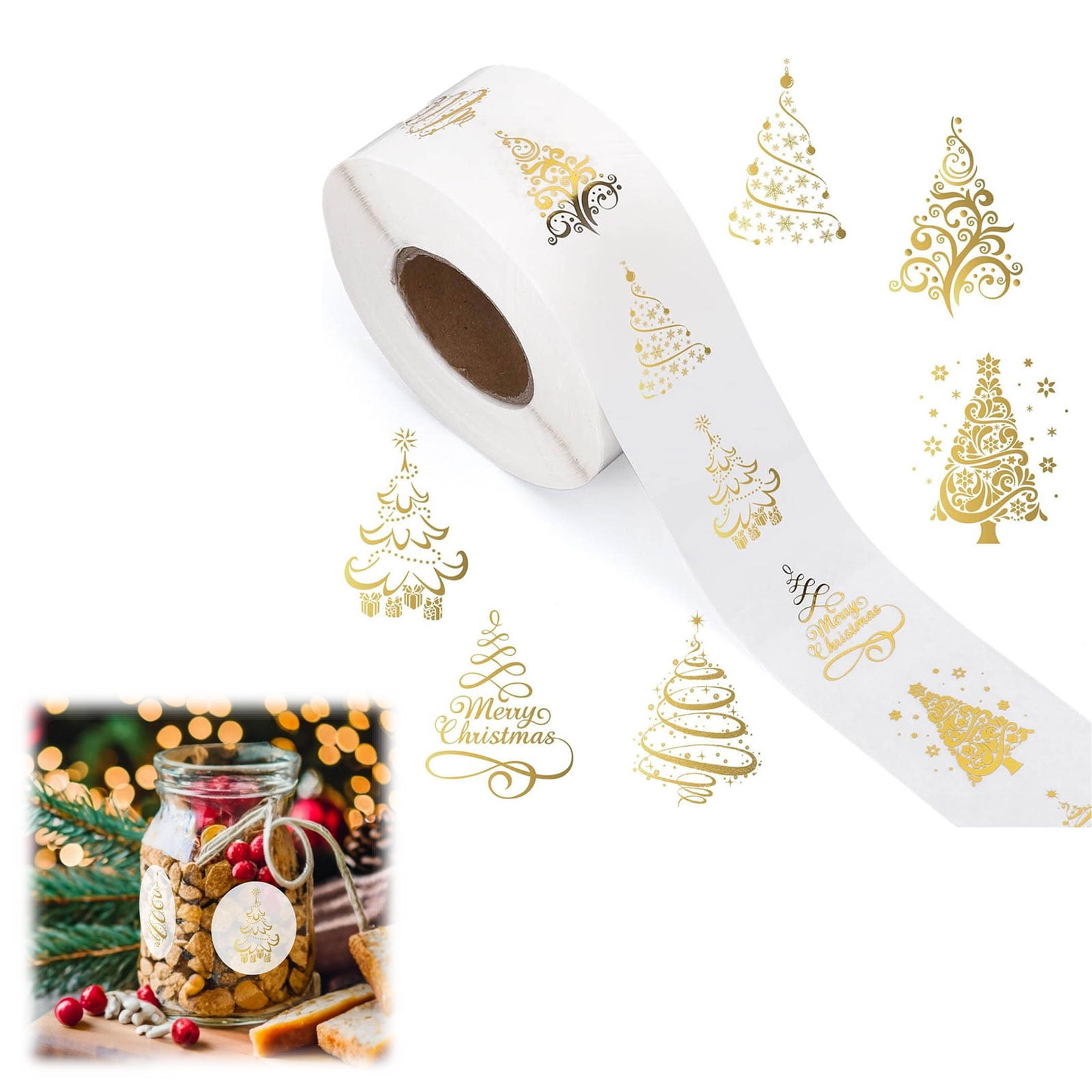 CY5O5ee 1 Roll Clear Christmas Stickers Roll Pack Of 500 Gold Foil Xmas Tree Stickers Winter Holiday Decorative Stickers Party supplies Card Envelope Craft Gift Decor