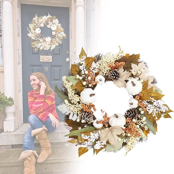 CY5O5ee 13.78" Fall Maple Leaves Pumpkin Wreath Artificial Fall Wreath Farmhouse Door Garland Thanksgiving Indoor Outdoor Porch Window Wall Door Decoration