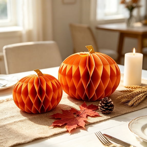CY5O5ee 2PCS Paper Pumpkin Table Centerpieces, Fall Honeycomb Centerpiece Table Decorations, Table Ornaments for Halloween Thanksgiving Party Supplies