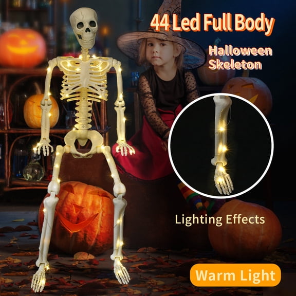 CY5O5ee 35.43 Inches LED Light Up Halloween Skeleton Skeleton with Posable Movable Joints Glowing for Halloween Party Outdoor Decoration Prop Party Decor