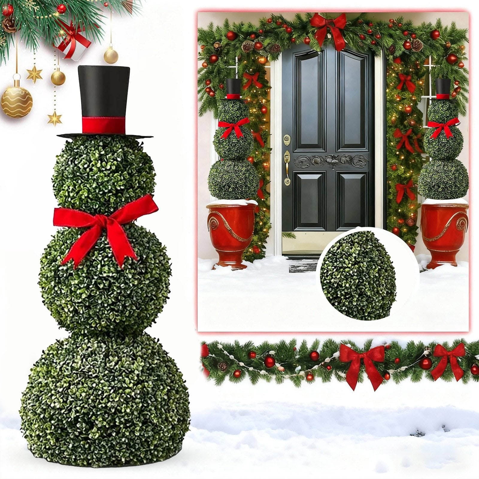 CY5O5ee Christmas Snowman Topiary Trees 25.6'' Boxwood Topiaries with Red Bow Tie Santa Hat 3D Yard Signs with Stakes for Christmas Indoor Outdoor Home Garden Porch Decor