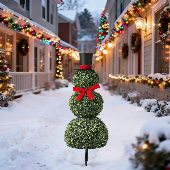 CY5O5ee Christmas Snowman Topiary Trees 25.6'' Boxwood Topiaries with Red Bow Tie Santa Hat 3D Yard Signs with Stakes for Christmas Indoor Outdoor Home Garden Porch Decor