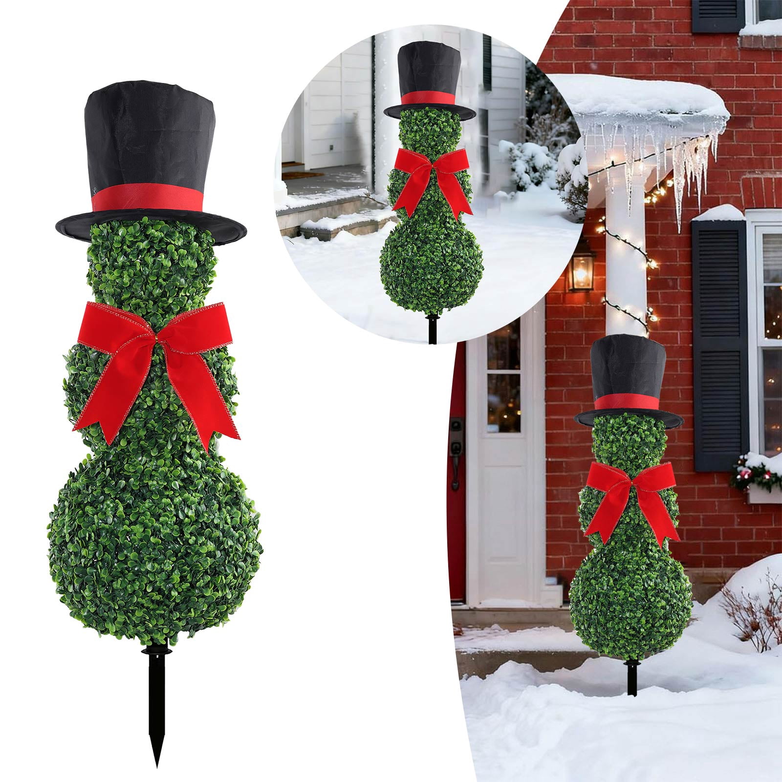 CY5O5ee Christmas Snowman Topiary Trees 31.5'' Boxwood Topiaries with Red Bow Tie Santa Hat 3D Yard Signs with Stakes for Christmas Indoor Outdoor Home Garden Porch Decor