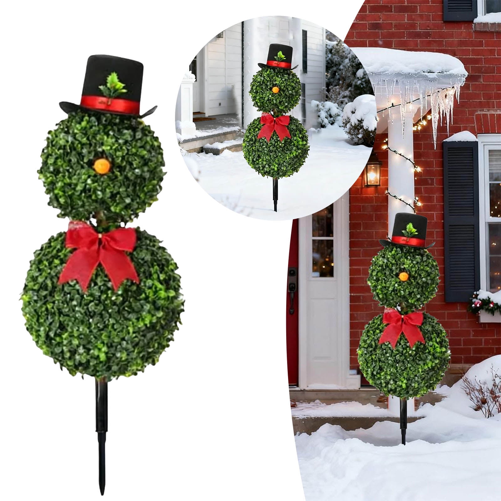 CY5O5ee Christmas Snowman Topiary Trees 31.5'' Boxwood Topiaries with Red Bow Tie Santa Hat 3D Yard Signs with Stakes for Christmas Indoor Outdoor Home Garden Porch Decor