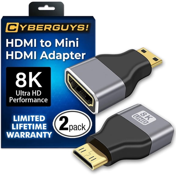 CYBERGUYS Mini HDMI to HDMI Adapter Cable 2Pack, 8K@60Hz UHD Video, High-Speed Mini-HDMI Male to Female Converter for Camera Camcorder DSLR Raspberry Pi Zero Tablet NVIDIA SHIELDGold-Plated, Compact