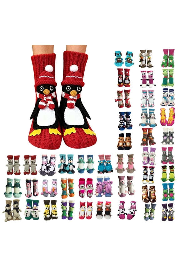 3D Knit Animal Socks, Cute Animal-Themed Soft Handmade Crochet Socks for Women Men, Warm Cotton Cozy Warm Floor Socks for Winter Indoor, Funny Gift Socks, Red Penguin