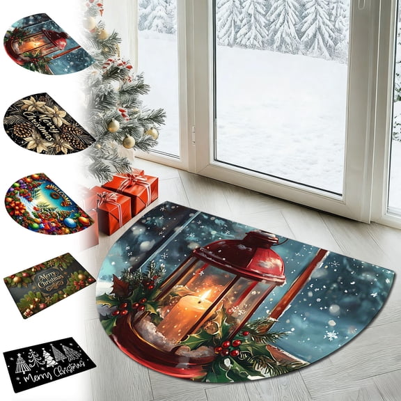 CYBIBO Christmas Entrance Door Mat, Indoor Outdoor Decorative Non-slip Floor Mats, Merry Christmas Welcome Front Door Mats, Bedroom Kitchen Bath Stain-resistant Rugs, Semicircular