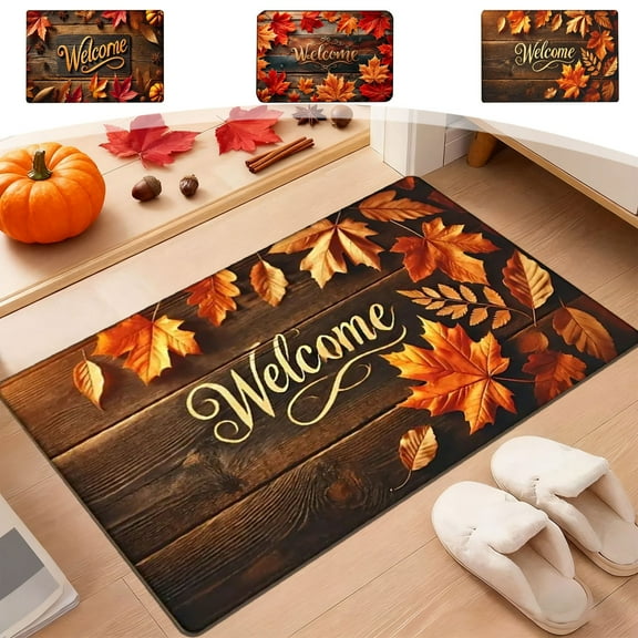 CYBIBO Fall Floor Mats, Maple Leaves Decorative Front Door Mats with Welcome Print, Bedroom Bathroom Kitchen Crafting Wood Floor Patterns Rugs, 23.6x15.8 Inches