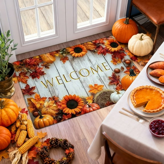CYBIBO Fall Pumpkin Maple Leaves Door Mat, Halloween Thanksgiving Decorative Floor Mat, Indoor Non-Slip Rugs with Realistic and Exquisite Patterns for Entryway Outside, 23.6x15.8 Inch