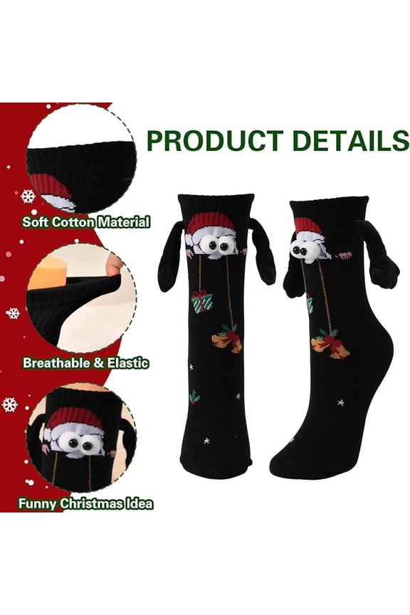 Funny Christmas Fuzzy Socks, Magnetic Holding Hand Socks, Christmas Stocking Stuffers for Women Men Couples, White Elephant Novelty Socks Gifts for Winter Xmas, Black D