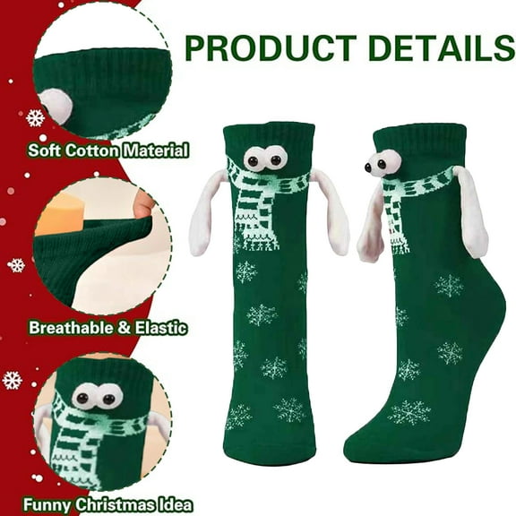 CYBIBO Funny Christmas Fuzzy Socks, Magnetic Holding Hand Socks, Christmas Stocking Stuffers for Women Men Couples, White Elephant Novelty Socks Gifts for Winter Xmas, Green A