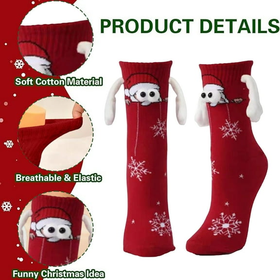 CYBIBO Funny Christmas Fuzzy Socks, Magnetic Holding Hand Socks, Christmas Stocking Stuffers for Women Men Couples, White Elephant Novelty Socks Gifts for Winter Xmas, Red C