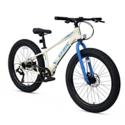 CYBIC 24 inch Fat Tire Mountain Bike for Teens, Boys & Girls, 7-Speed All-Terrain Bicycle with Dual Disc Brakes, White Blue