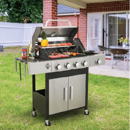 CYBORIS 4-Burner Propane Gas BBQ Grill with Side Burner, 46,790 BTU Output, Stainless Steel Construction Enameled Cast Iron Cooking Grids