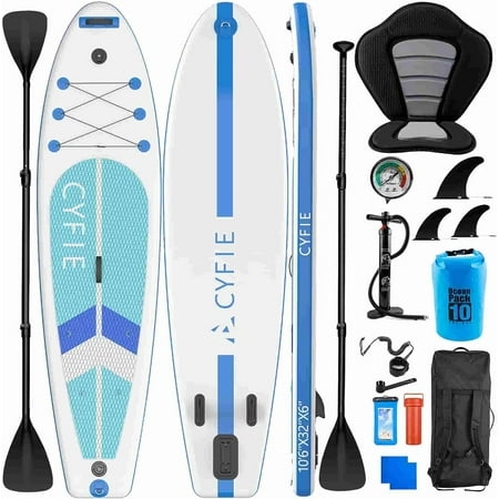 CYFIE 10.6ft Inflatable Paddle Board for Adult, Premium SUP Stand up Paddle Board with Kayak Seat, SUP Accessories, Pump, 4 Pcs Adjustable Paddles, Backpack, Camera Mount, Leash, Removable Fin, Blue