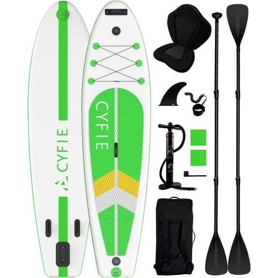 CYFIE 10.6ft Inflatable Paddle Board for Adult, Premium SUP Stand up Paddle Board with Kayak Seat, SUP Accessories, Pump, 4 Pcs Adjustable Paddles, Backpack, Camera Mount, Leash, Removable Fin, Green