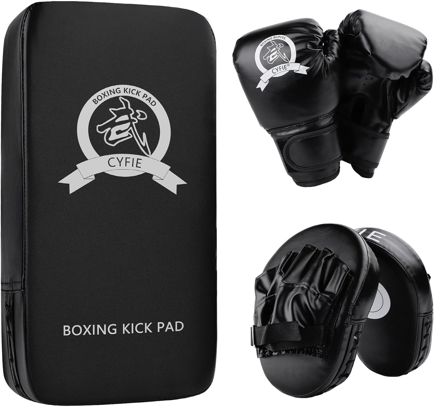 CYFIE 3-in-1 Boxing Stuff with Boxing Gloves & Taekwondo Kick Pad, Punching Mitts for Kids Youth, MMA Karate Muay Thai Training,Black