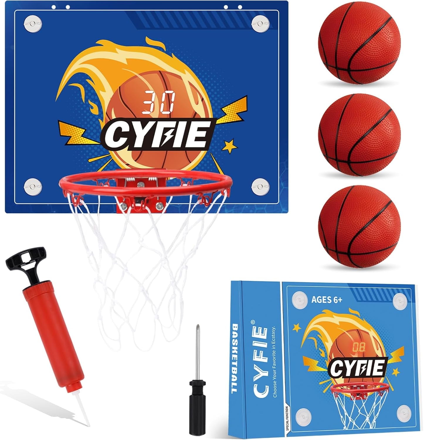 CYFIE Suction Cup Basketball Hoop with Scoreboard and Sounds, Mini Toy Basketball Hoop, 3 Balls