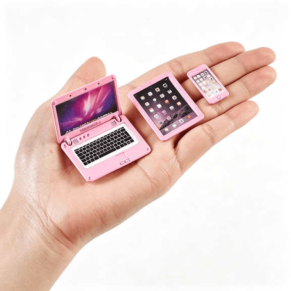 CYFW 1/12 Dollhouse Furniture Decor Laptop Accessories,1/6 Scale Minature Tablet Smart Phone Mini Stuff Doll House Furniture Play Set Accessories 3 Pcs(Pink)