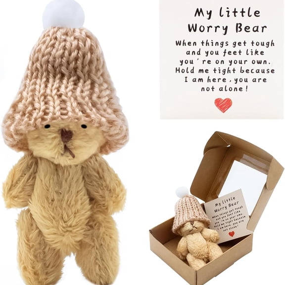 CYFW 1 Set Mini Plush Worry Bear with a Hat,Handmade Positive Small Plush Bear in a Box with Encouragement Little Card Inspirational Support Toy for Friend Graduation Gift