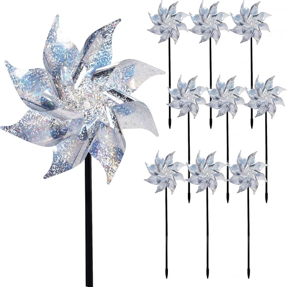 CYFW 10 Pack Reflective Pinwheels with Stakes (Assembly Required),Extra Sparkly Pin Wheel for Garden Decor,Bird Repellent Devices Deterrent to Scare Birds Away from Yard Patio Farm