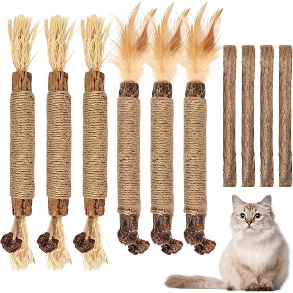 CYFW 10 Pcs Silvervine Chew Sticks for Cats,Catnip Chew Sticks Cat Toys for Indoor Cats,Kitten Teeth Grinding Interactive Feather Toys for Dental Care