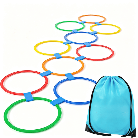 CYFW 10Pcs 11" Hopscotch Rings,Agility Rings for Kids Obstacle Course|Storage Bag & 15 Connectors! Builds Gross Motor Skills for Indoor/Outdoor Playground. Preschool & Kindergarten Pe,Ages 3+