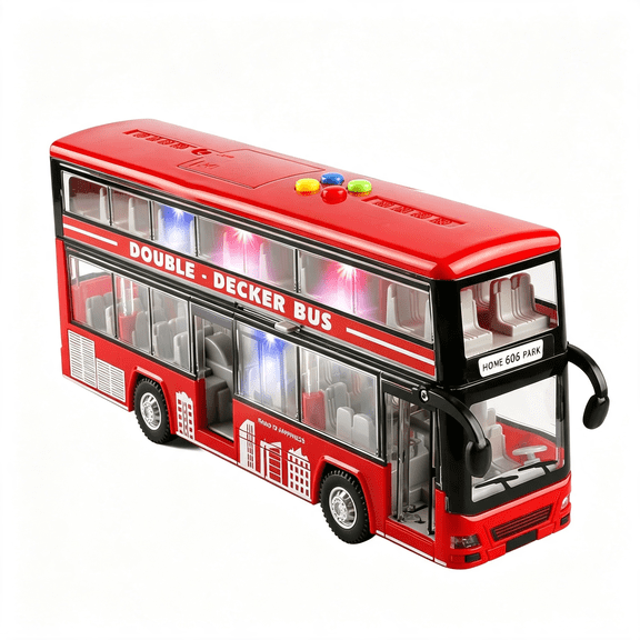 CYFW 11"(28Cm) Double Decker Bus Toy with Lights & Sounds, Scale(1:16) Friction Powered Bus Toy for Kids with Indoor Ceiling Lights and 4 Different Sounds - Gift for Kids Ages 3+ (Red)
