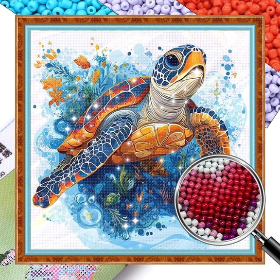 CYFW 11Ct Stamped Beaded Cross Stitch Kit for Adults,Partial Embroidery Kit with Shiny Seed Beads,Turtle Wall Decor Craft