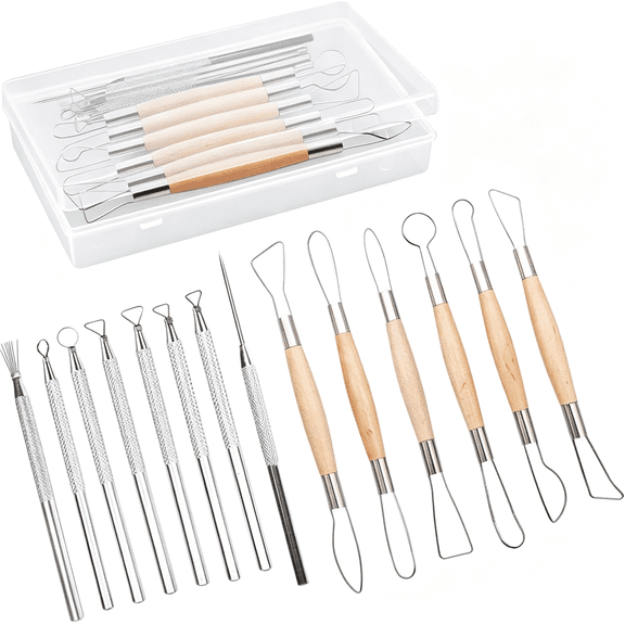 CYFW 14Pcs Ceramic Pottery Clay Ribbon Sculpting Tool Kit with Feather Wire Texture and Needle Detail Tools for Carving,Modeling,By Clay Sculpting Tools