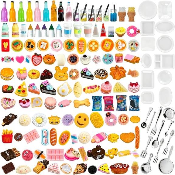 CYFW 150Pcs Mini Food Drinks Resin Dollhouse Kitchen Pretend Play | Miniature Food Drinks Bottle Set for Dollhouse Kitchen Resin Fake Play Food with Bread Cake Models 1/12 Scale Party Tableware