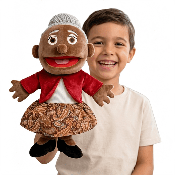 CYFW 16 Hand Puppet African American Grandma Black Grandmother Plush People Puppets Movable Mouth 3D Soft Stuffed Elderly Female Doll Preschoolers Learning Language Skills Gift Removable Clothes